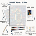 Retro Diner Jukebox kit contents: numbered canvas, paints, three brushes, reference sheet, color key, painting guide and hanging hardware.