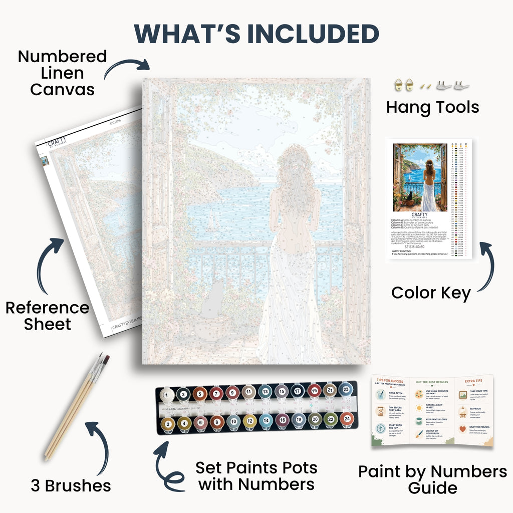 Woman at Coastal Terrace kit contents: numbered canvas, paints, three brushes, reference sheet, color key, painting guide and hanging hardware.
