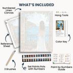 Woman at Coastal Terrace kit contents: numbered canvas, paints, three brushes, reference sheet, color key, painting guide and hanging hardware.