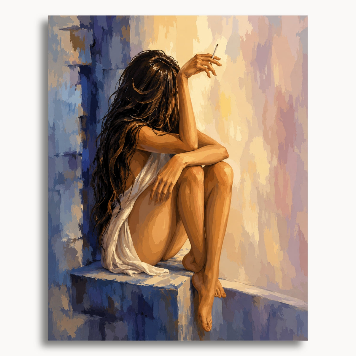 Afterglow: a seated woman with bent knees and white draped fabric holding a cigarette against a softly lit wall.