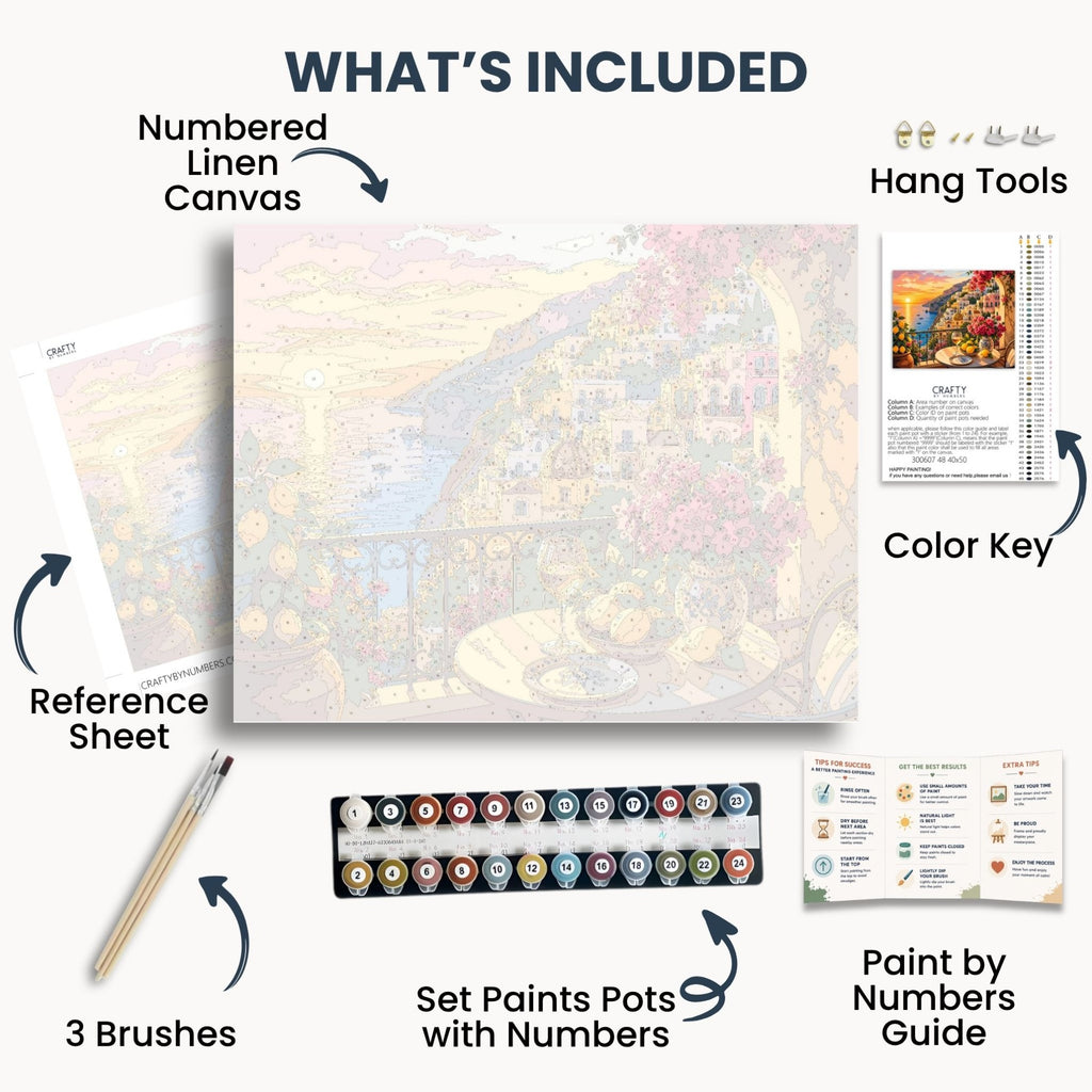 Amalfi Sunset kit contents with numbered canvas, paints, brushes, reference sheet and guide