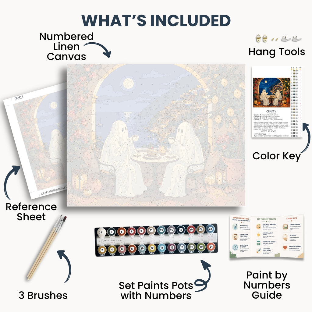 Ghostly Café kit contents with numbered canvas, paints, brushes and guide