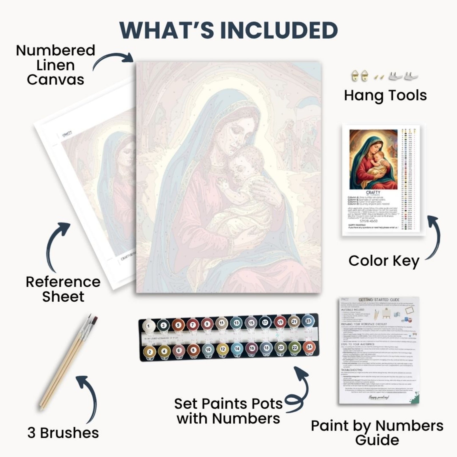 Holy Night Embrace paint by numbers kit contents with canvas, acrylic paints, brushes, color key and guide
