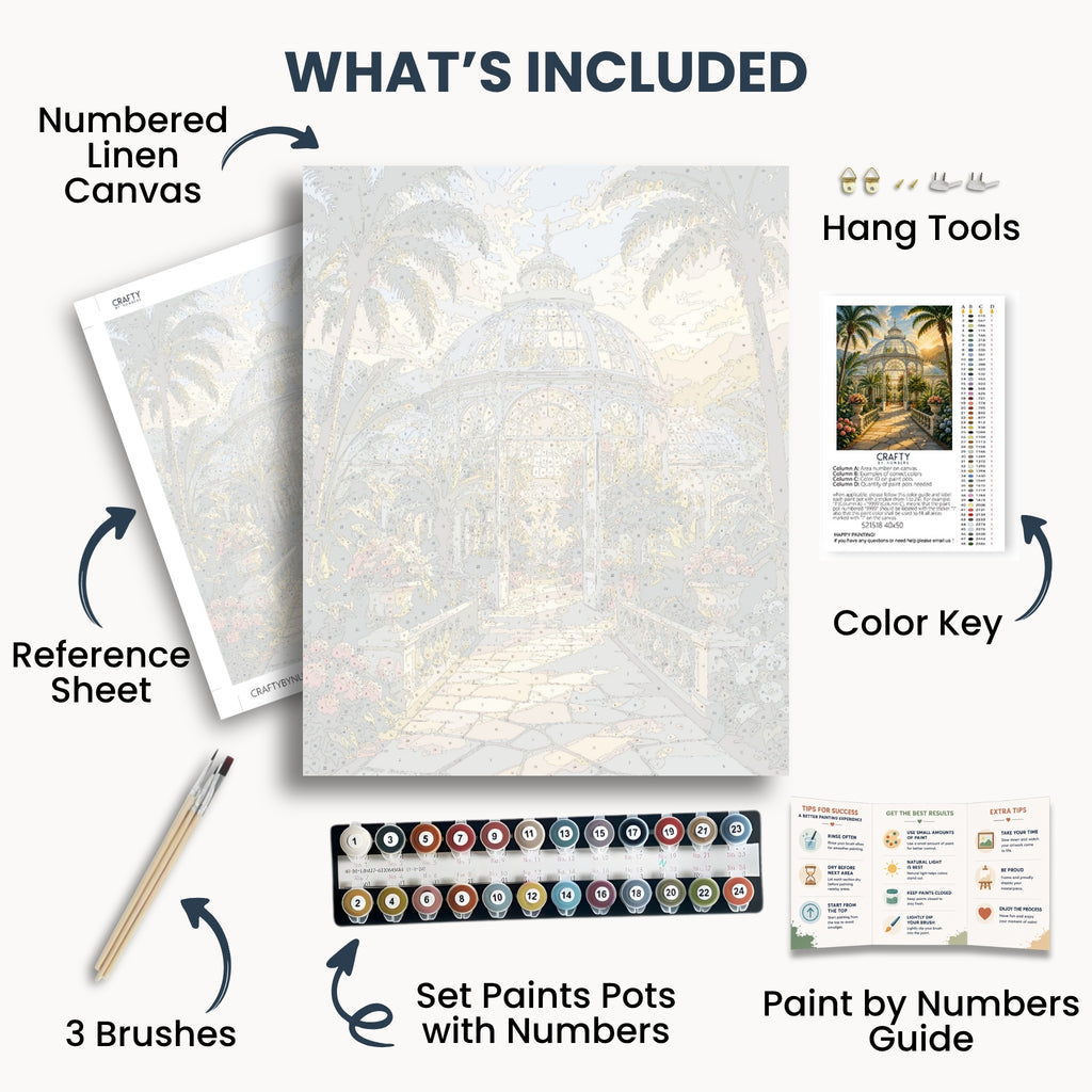 Glass Conservatory kit contents with numbered canvas, paints, brushes and guide
