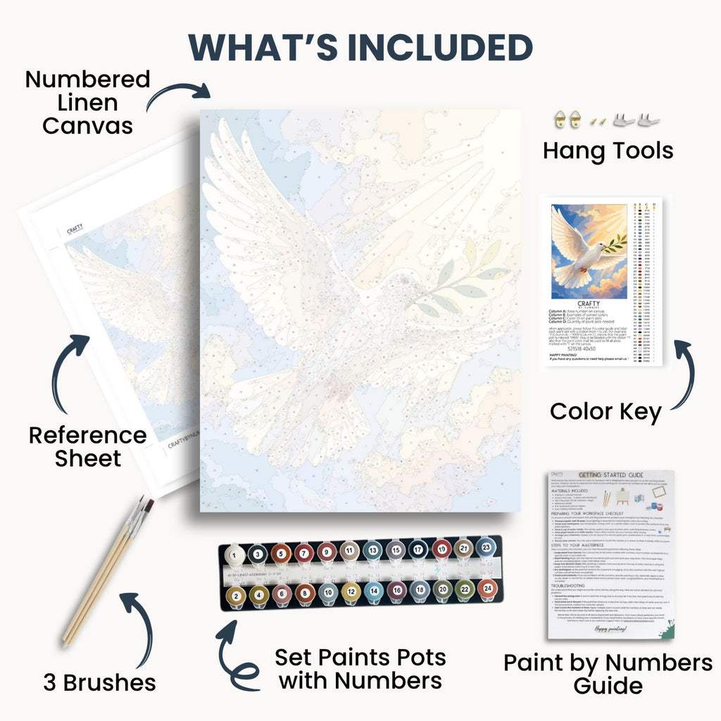 Peace Dove kit contents with numbered canvas, paints, brushes and guide