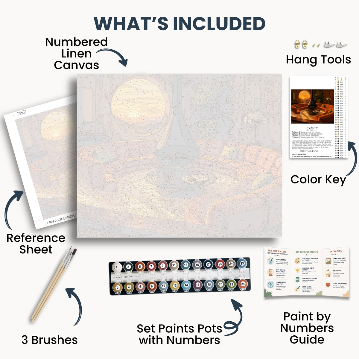 Afterglow '74 kit contents: numbered canvas, paints, three brushes, reference sheet, color key, painting guide and hanging hardware.