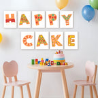 Children's room with colorful 'Happy Cake' wall art, a small cake, and toys on a table.