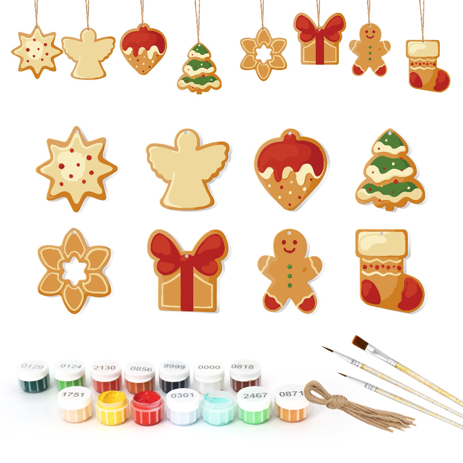 Ensemble d'emporte-pièces sur le thème de Noël avec pots de peinture et pinceaux sur fond blanc