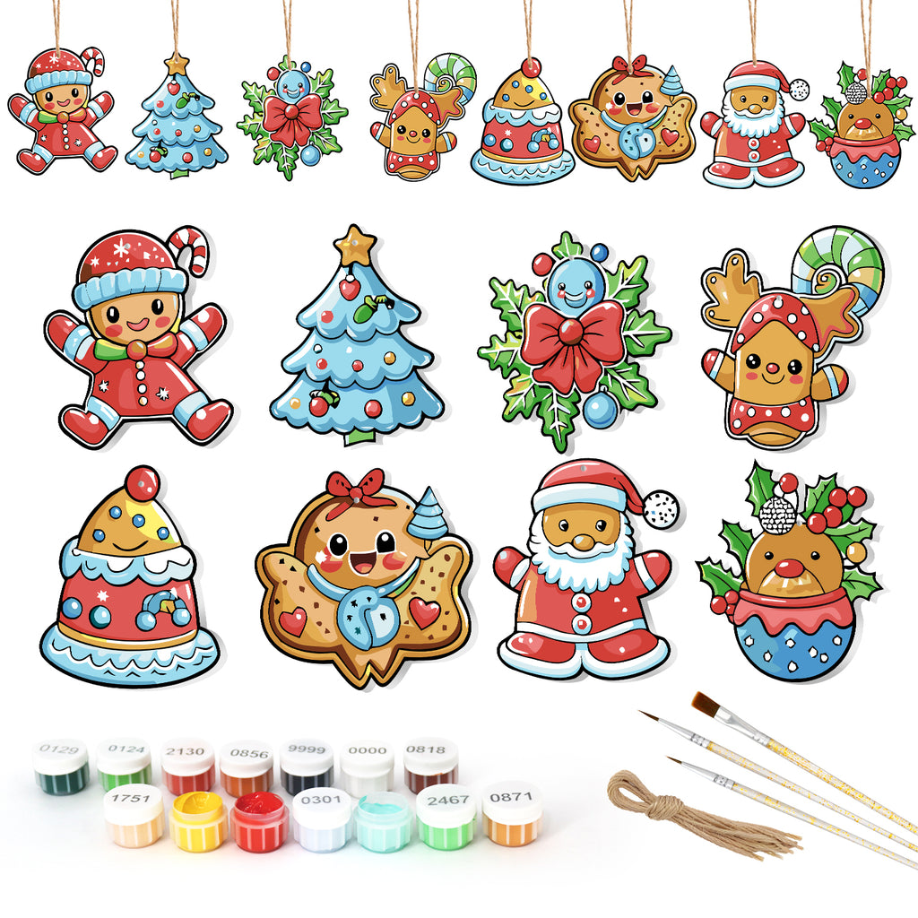 Set of Christmas-themed ceramic decorations with painting supplies on a white background