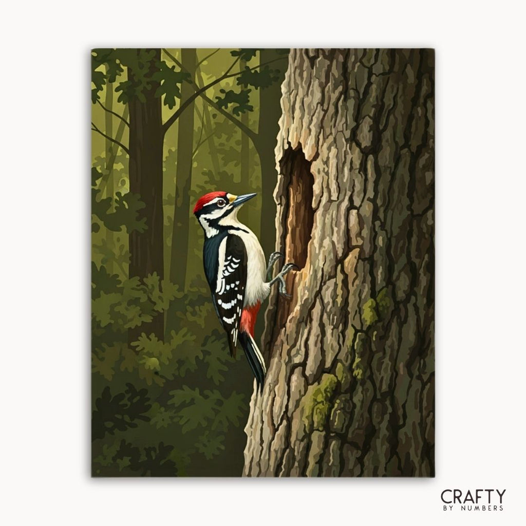 Forest Sentinel Woodpecker artwork showing a red-crowned woodpecker on a tree trunk