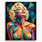 Prismatic Desire: a blonde woman's bare upper body depicted in bright geometric shapes against a dark background.