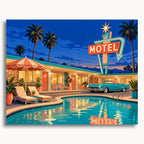 Palm Tree Motel: a vintage motel with a swimming pool, palm trees, neon sign and turquoise car at dusk.