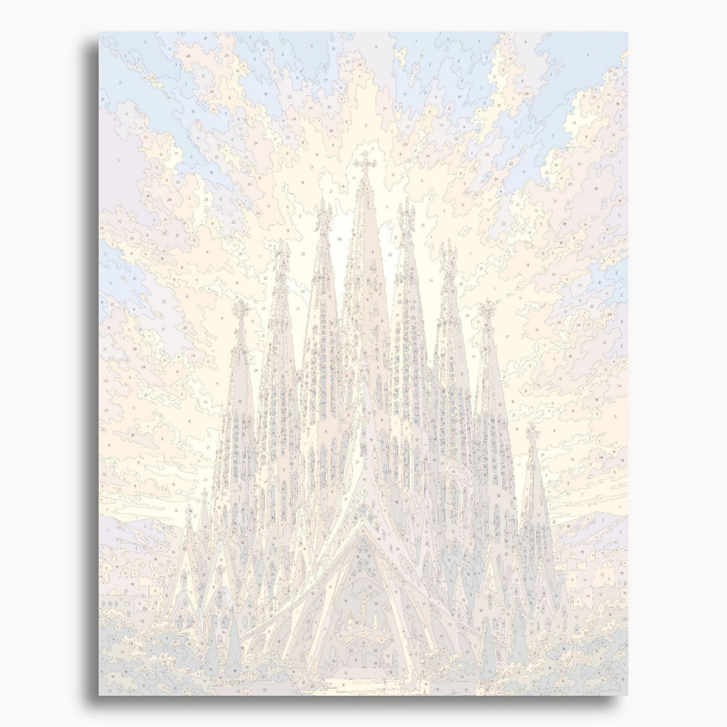 Numbered canvas preview for the Sagrada Familia paint by numbers kit