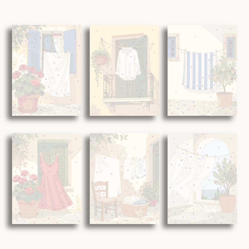Numbered mini canvas previews for the Mediterranean Laundry set