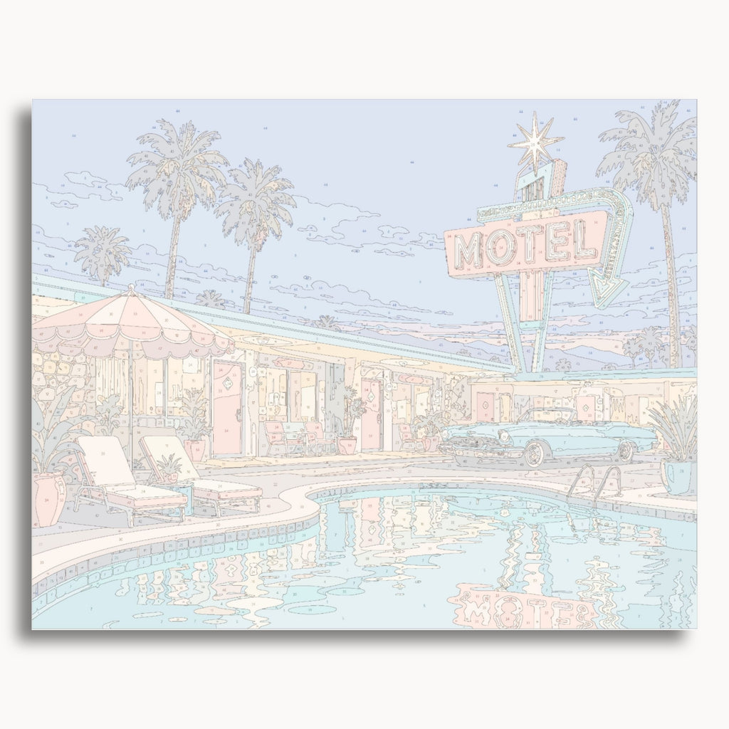 Numbered canvas preview for Palm Tree Motel, showing outlined painting sections and color numbers.