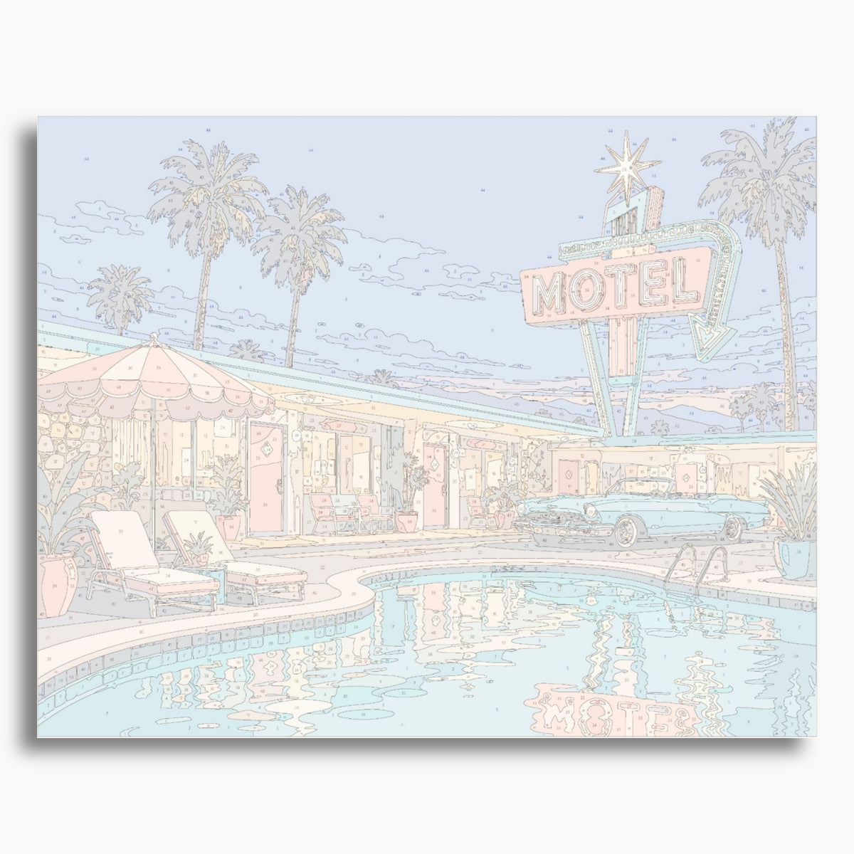 Numbered canvas preview for Palm Tree Motel, showing outlined painting sections and color numbers.