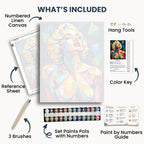 Prismatic Desire kit contents: numbered canvas, paints, three brushes, reference sheet, color key, painting guide and hanging hardware.