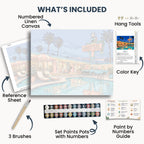 Palm Tree Motel kit contents: numbered canvas, paints, three brushes, reference sheet, color key, painting guide and hanging hardware.