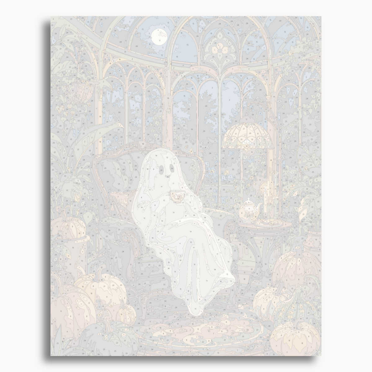 Numbered canvas preview for the Ghost Tea Time paint by numbers kit