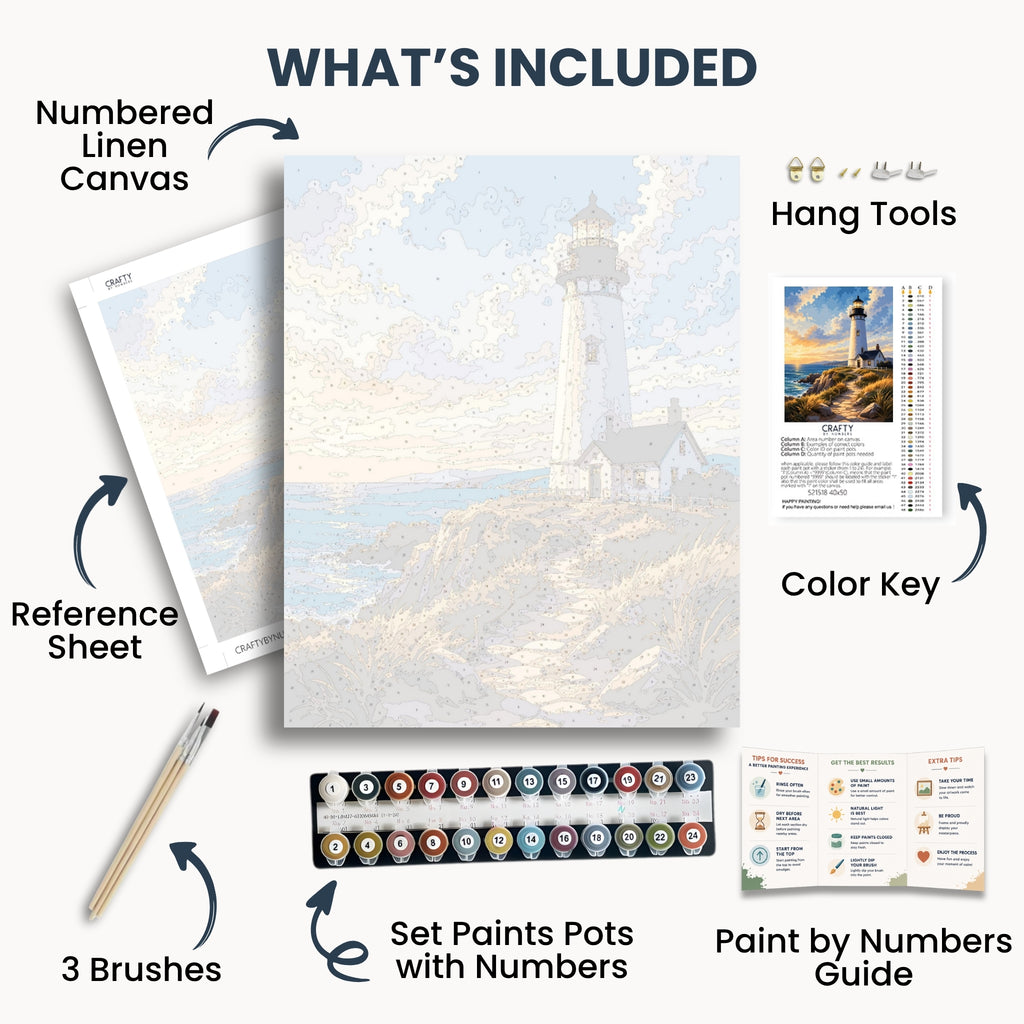 The Quiet Beacon kit contents with numbered canvas, paints, brushes and guide