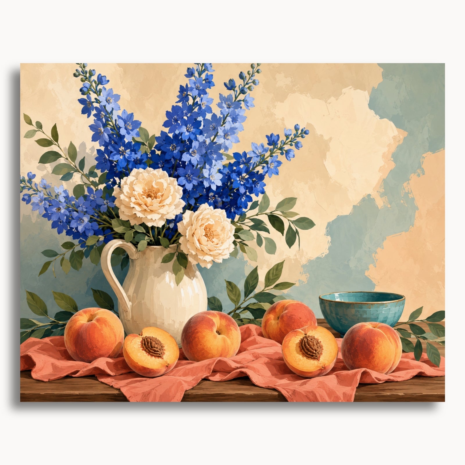 Pêches et delphiniums