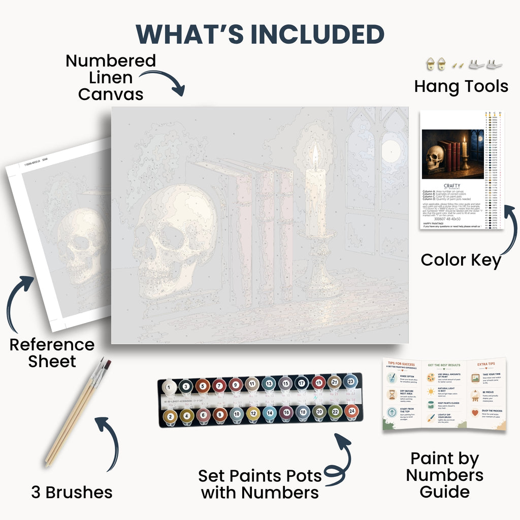 Skull and Books kit contents with numbered canvas, paints, brushes and guide