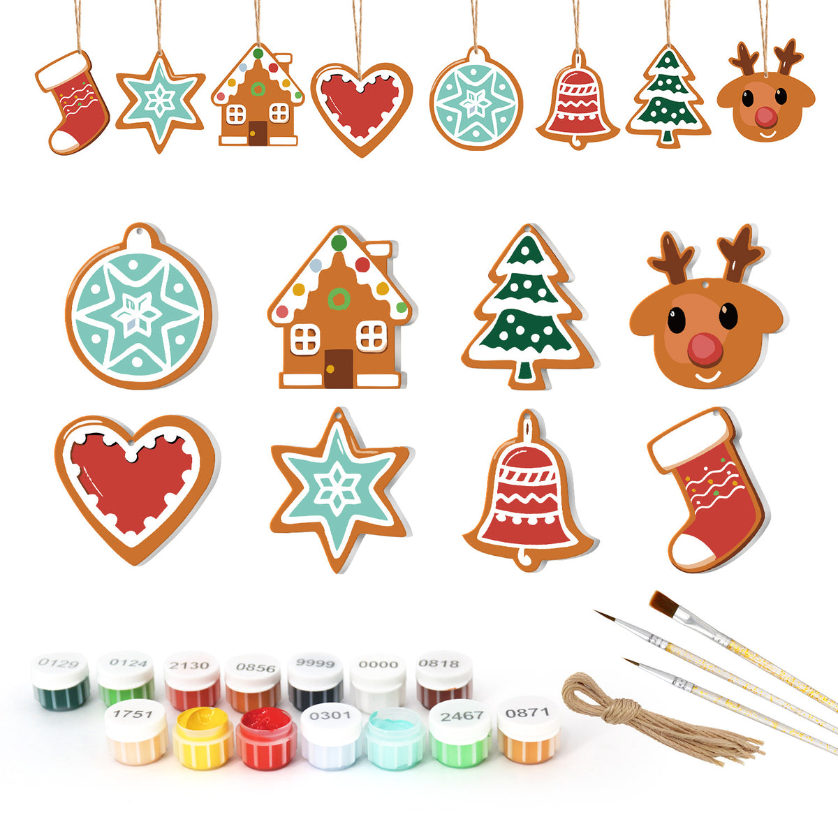 Set weihnachtlicher Keramikdekorationen mit Farbflaschen und Pinseln auf weißem Hintergrund