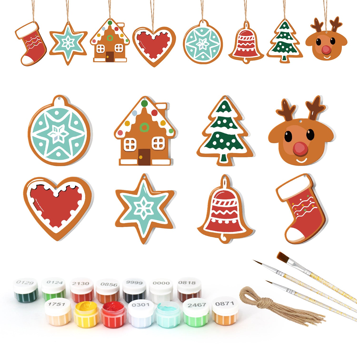 Set weihnachtlicher Keramikdekorationen mit Farbflaschen und Pinseln auf weißem Hintergrund