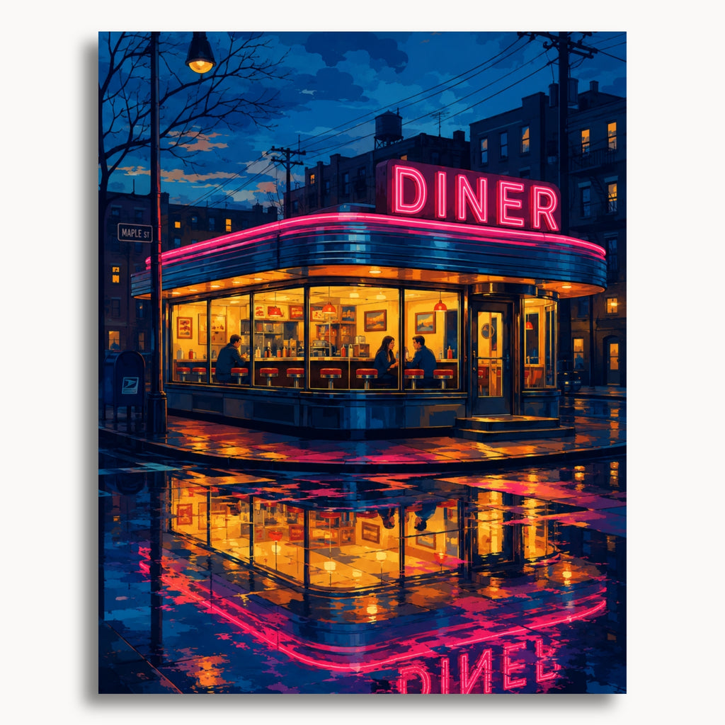 Neon Diner: a neon diner glowing pink and gold above reflections on a rainy city street.