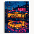 Neon Diner: a neon diner glowing pink and gold above reflections on a rainy city street.