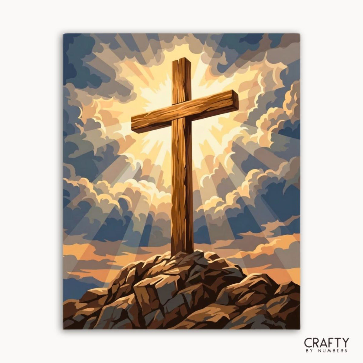 Croix en bois sur un éperon rocheux avec un ciel spectaculaire, marque « Crafty by Numbers » visible