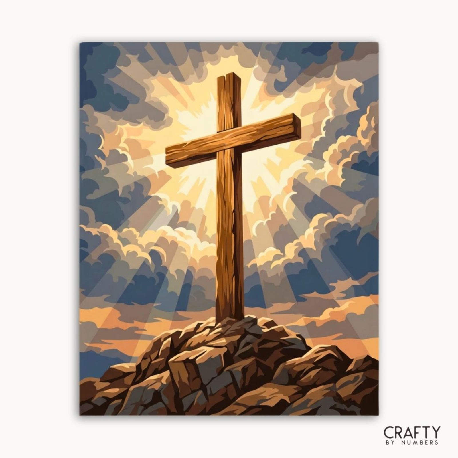 Radiant Cross finished paint by numbers canvas showing a wooden cross beneath glowing clouds