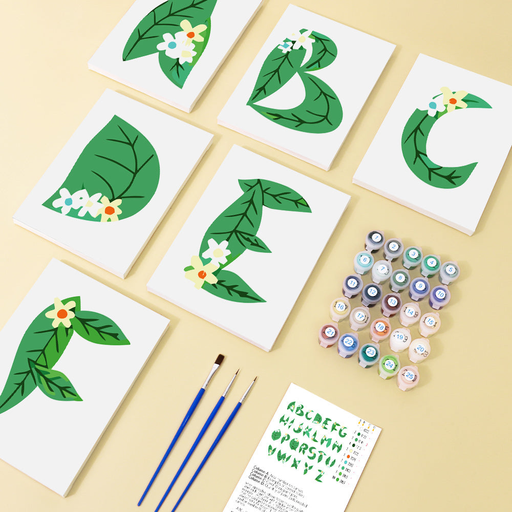 Canvas size for each letter is 6” x 8” (15 x 20 cm), printed on high-quality linen with numbered sections for easy painting.