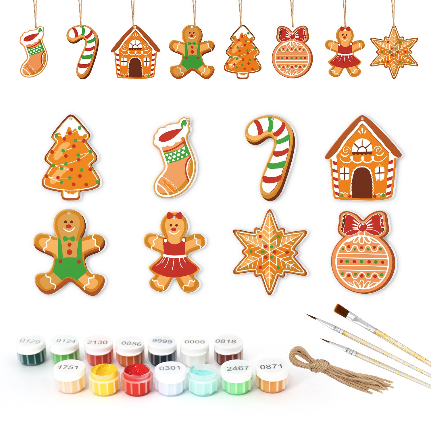 Collection of Christmas-themed cookie cutters with painting supplies on a white background