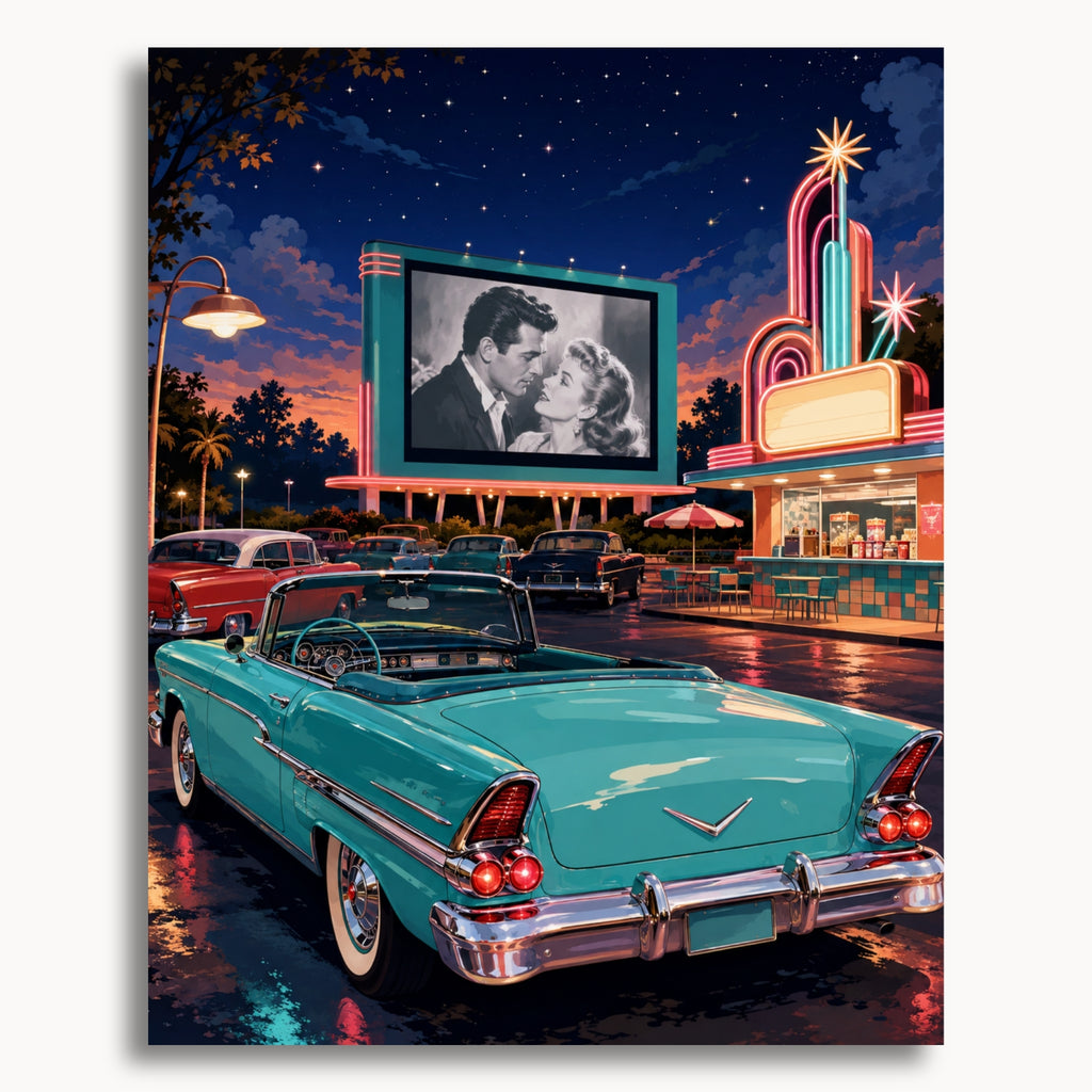 Retro Drive-In Theater: a turquoise convertible at a neon drive-in theater beneath a starry sky.