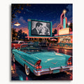 Retro Drive-In Theater: a turquoise convertible at a neon drive-in theater beneath a starry sky.