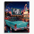 Retro Drive-In Theater: a turquoise convertible at a neon drive-in theater beneath a starry sky.
