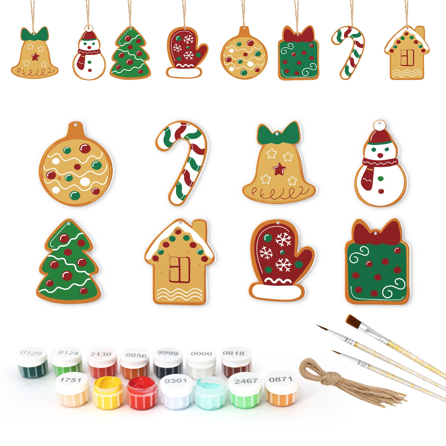 Collection of Christmas-themed ceramic ornaments with painting supplies on a white background