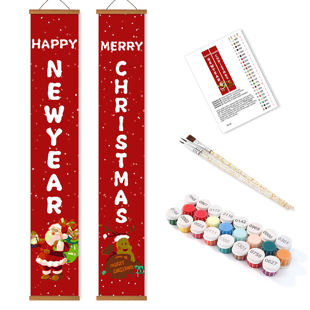 Two Christmas-themed scroll banners with paint supplies on a white background