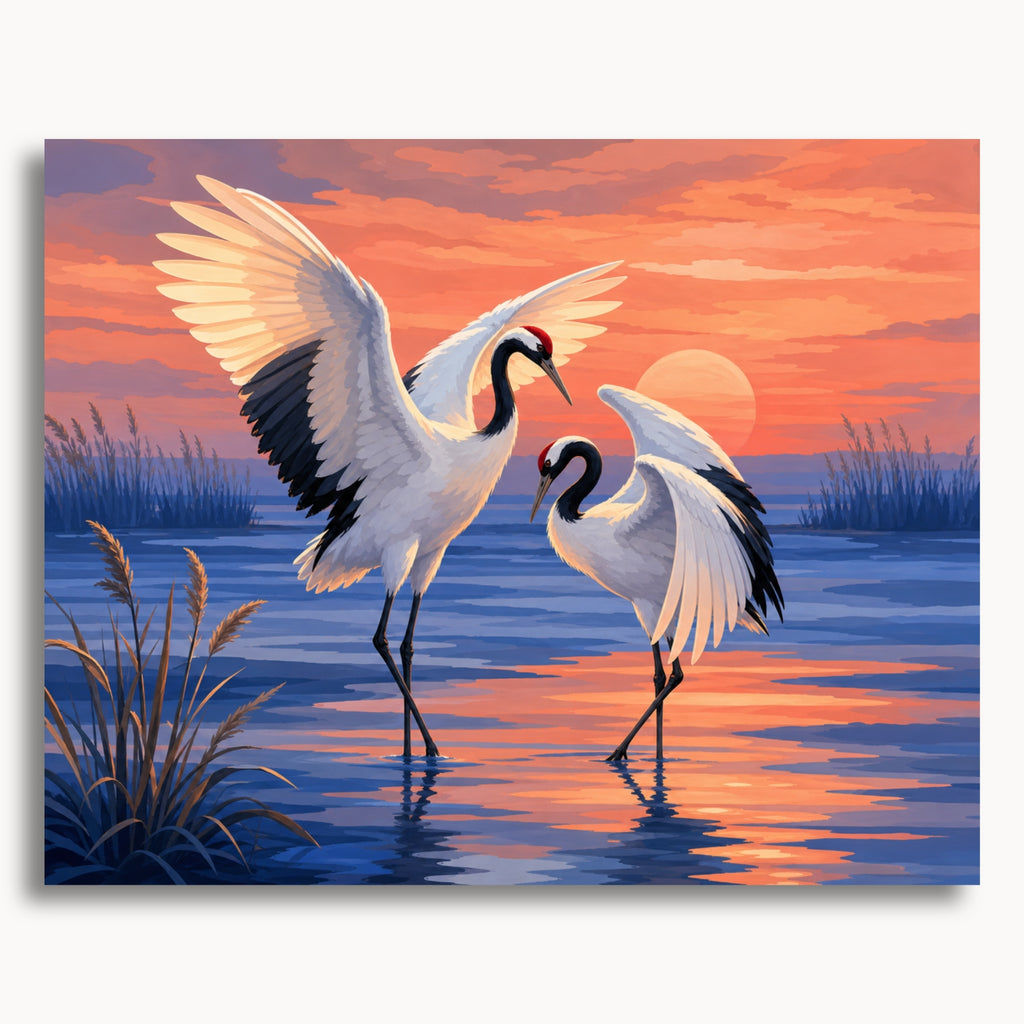 Dancing Cranes paint by numbers artwork on canvas