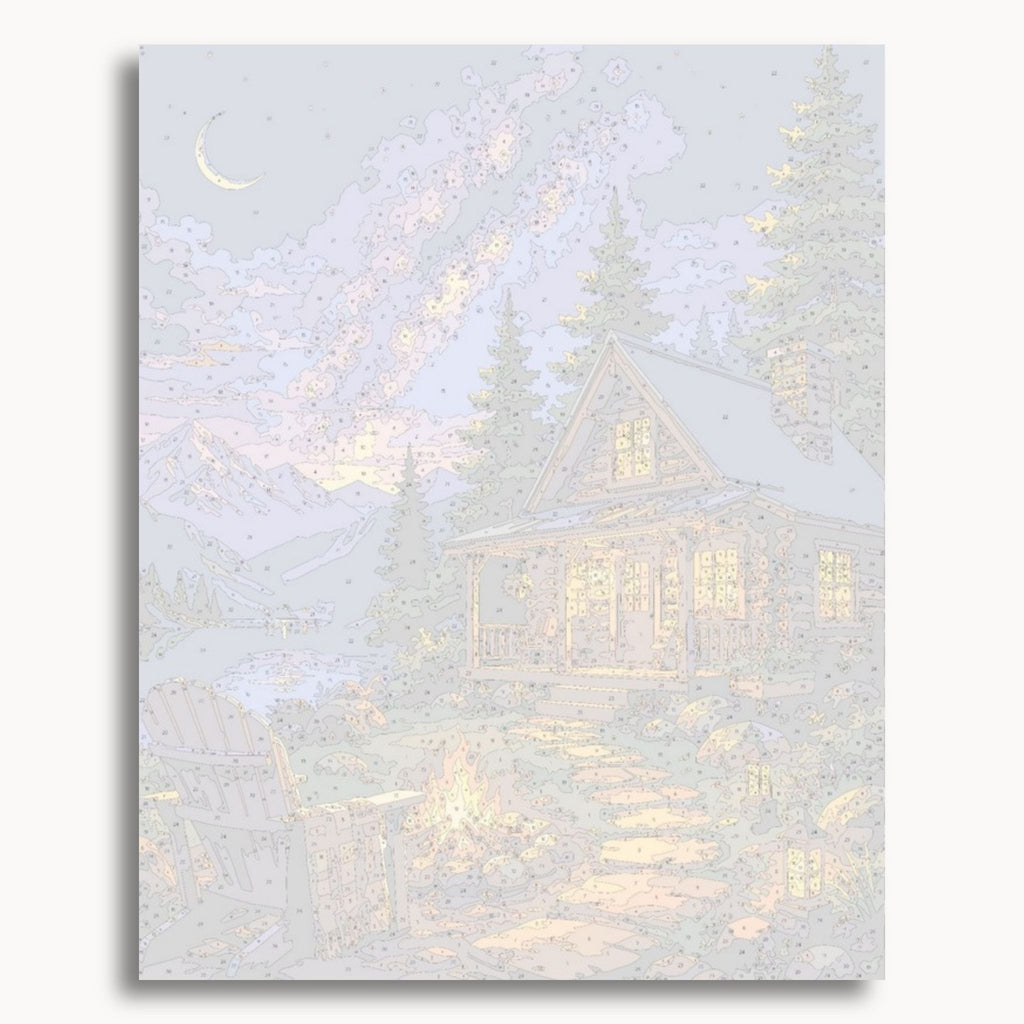 Numbered canvas preview for the Starlit Cabin paint by numbers kit