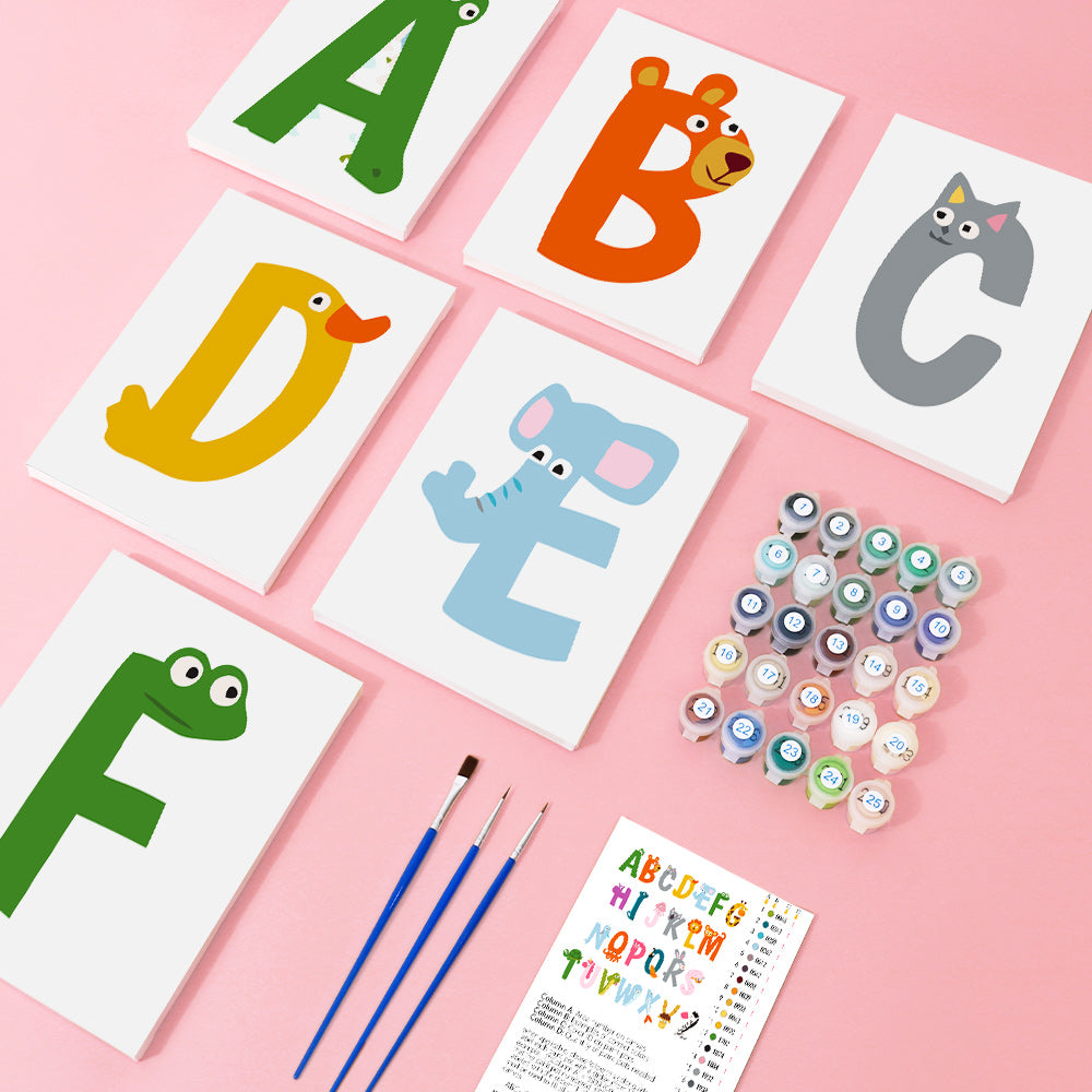 Alphabet cards with colorful animals and paint bottles on a pink background