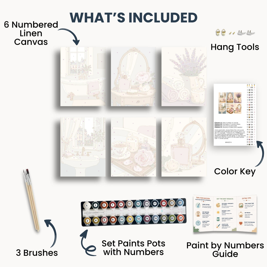 Luxury Spa mini kit contents with six canvases, paints, brushes and guide