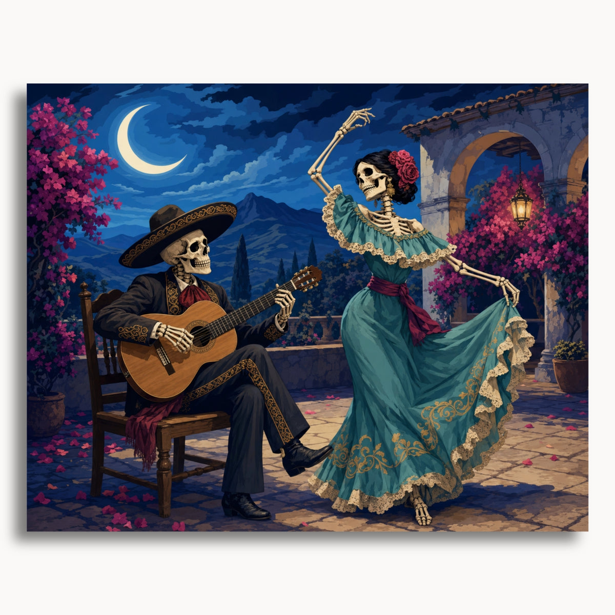 Skeleton Serenade paint by numbers artwork on canvas