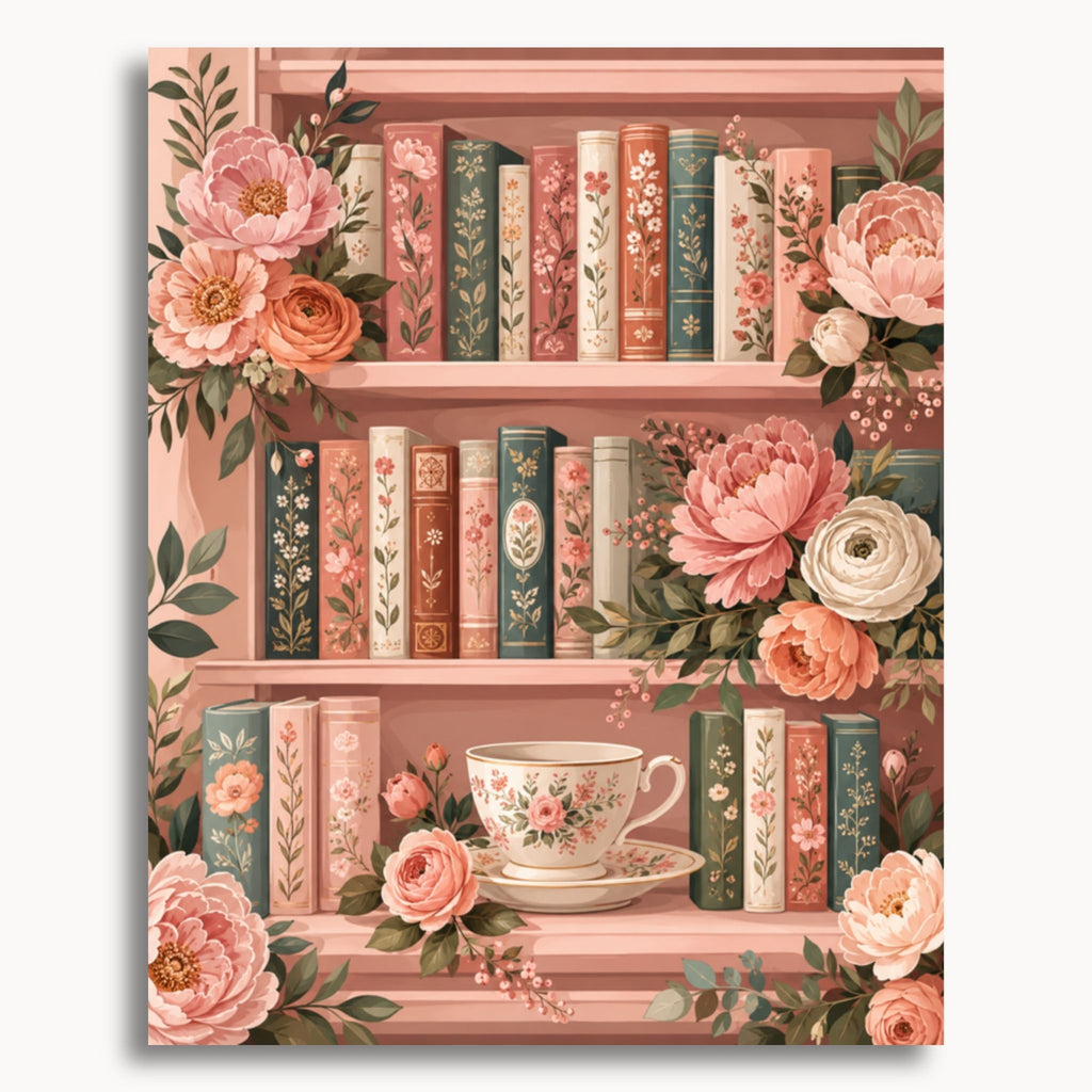 Floral Bookshelf paint by numbers artwork on canvas