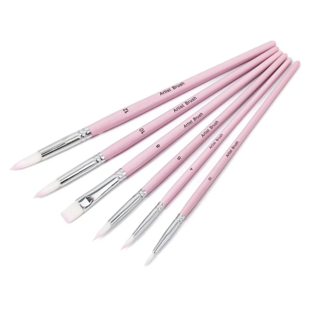 A collection of pink art brushes with silver bristles, displayed in various sizes.