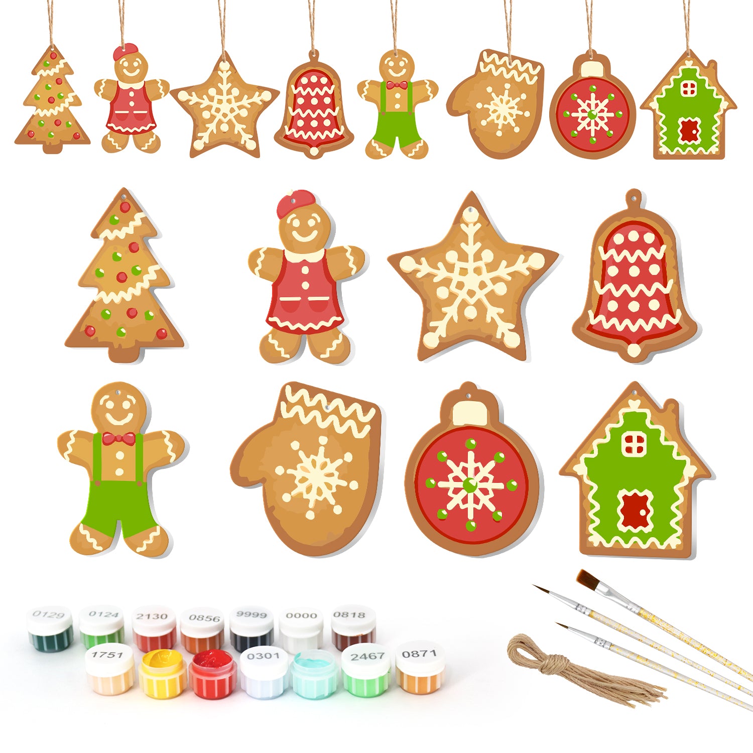 Set of Christmas-themed ceramic decorations with paint cans and brushes on a white background