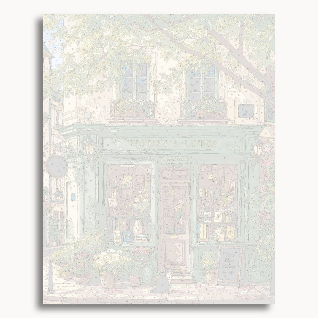 Numbered canvas preview for the Bookshop Cat paint by numbers kit