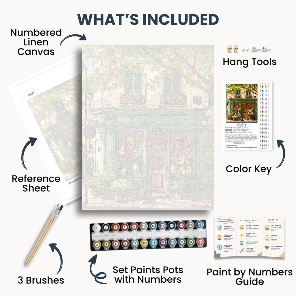 Bookshop Cat kit contents with numbered canvas, paints, brushes and guide
