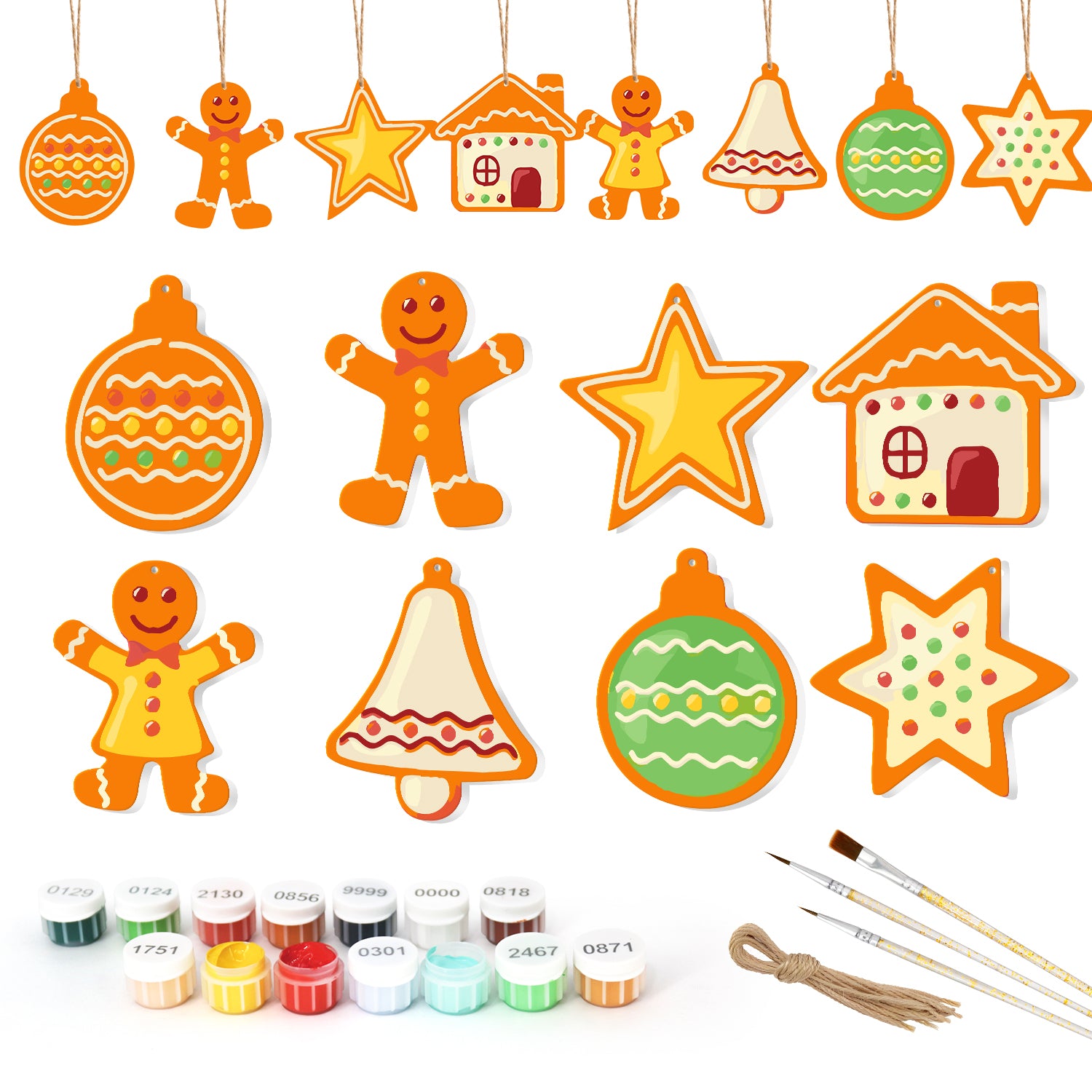 Set weihnachtlicher Dekorationen, darunter Lebkuchenmänner, Sterne und Häuser mit Malutensilien auf weißem Hintergrund.